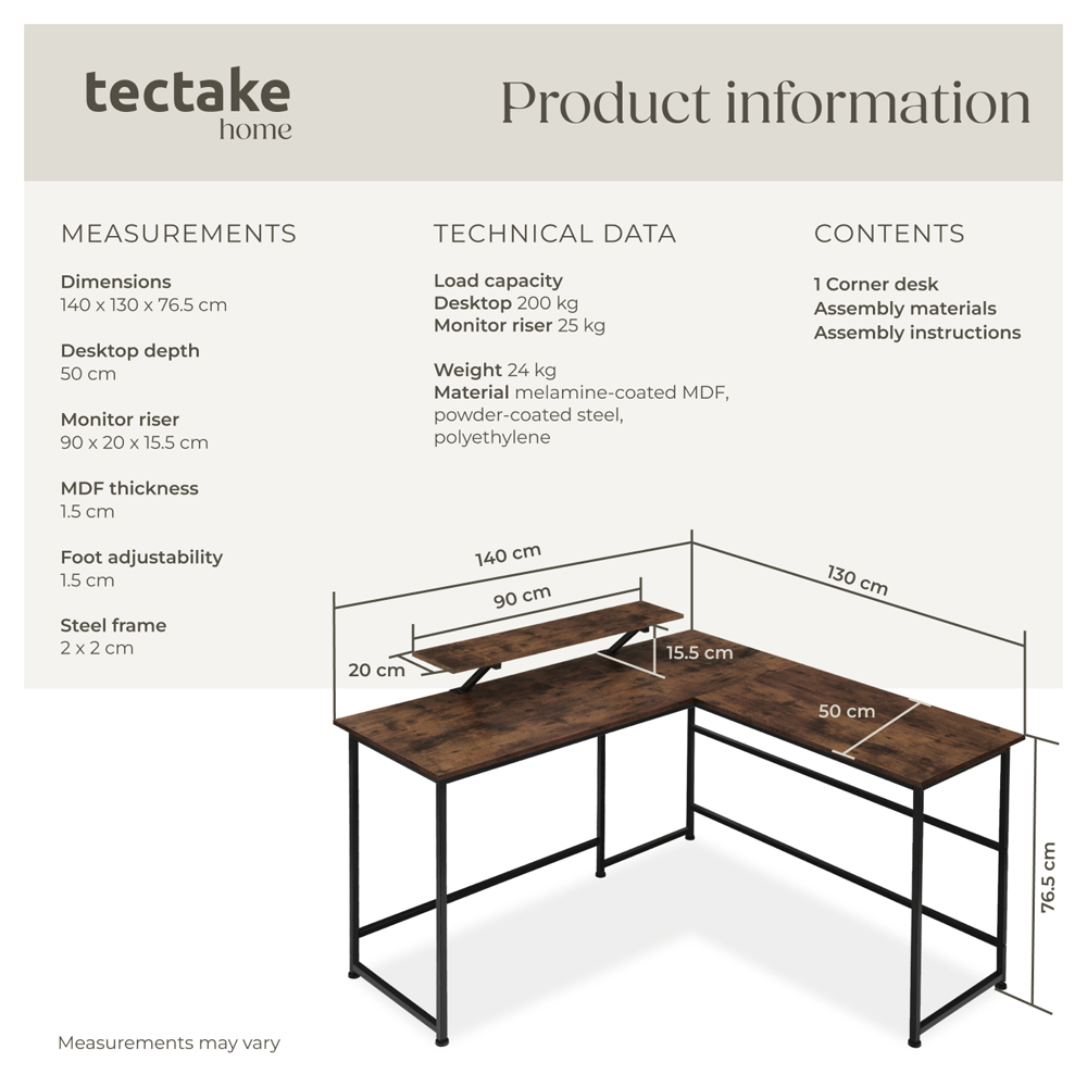 tectake Melrose Industrial Dark Wood Corner Office Desk Image 8