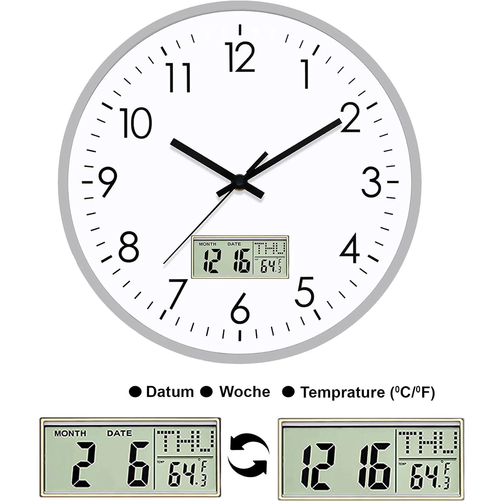 ATEK Silver Silent Digital Wall Clock with Date Day and Temperature Display 30cm Image 3