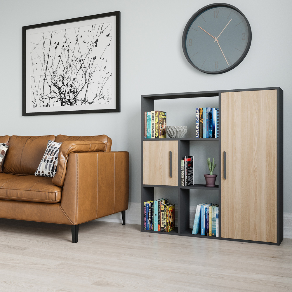 Decorotika Ridge 2 Door 4 Shelf Anthracite and Oak Bookcase Image 4