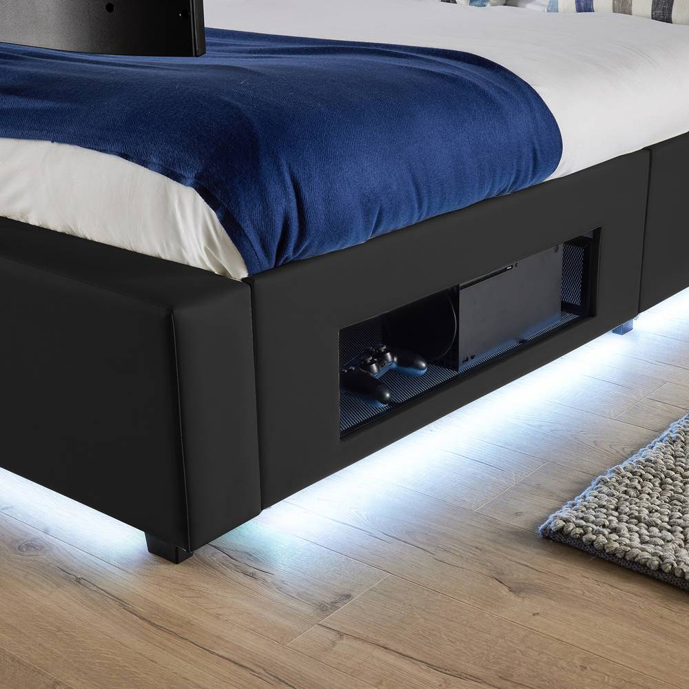 XR Living Ava Small Double Black PU Upholstered TV Bed with Underbed Lights Image 4
