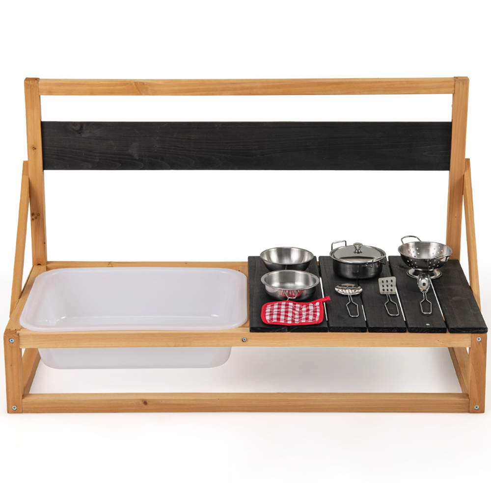 Costway Kids Natural Fir Wood Kitchen Play Set with Hanging Hooks and Blackboard Image 3