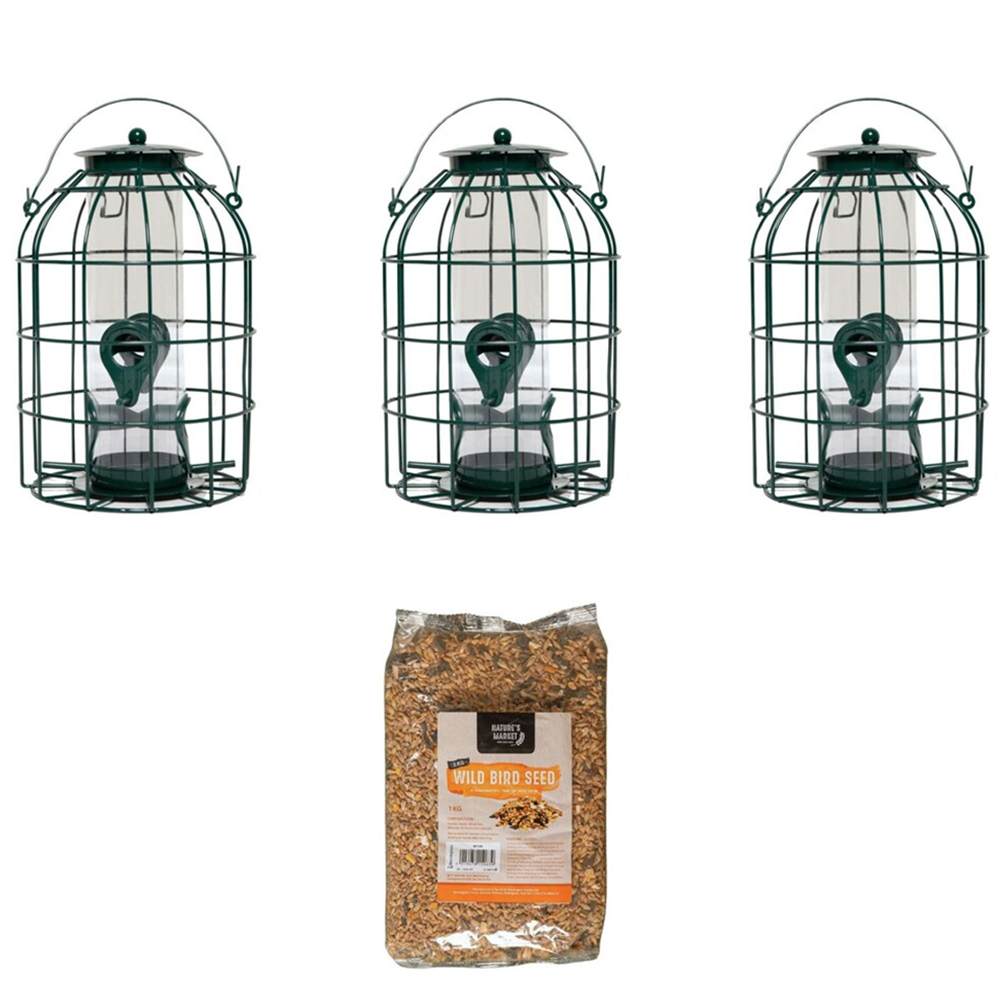 Samuel Alexander Metal Hanging Bird Seed Feeder with Squirrel Guard 3 Pack and 1kg Seed Feed Image 1