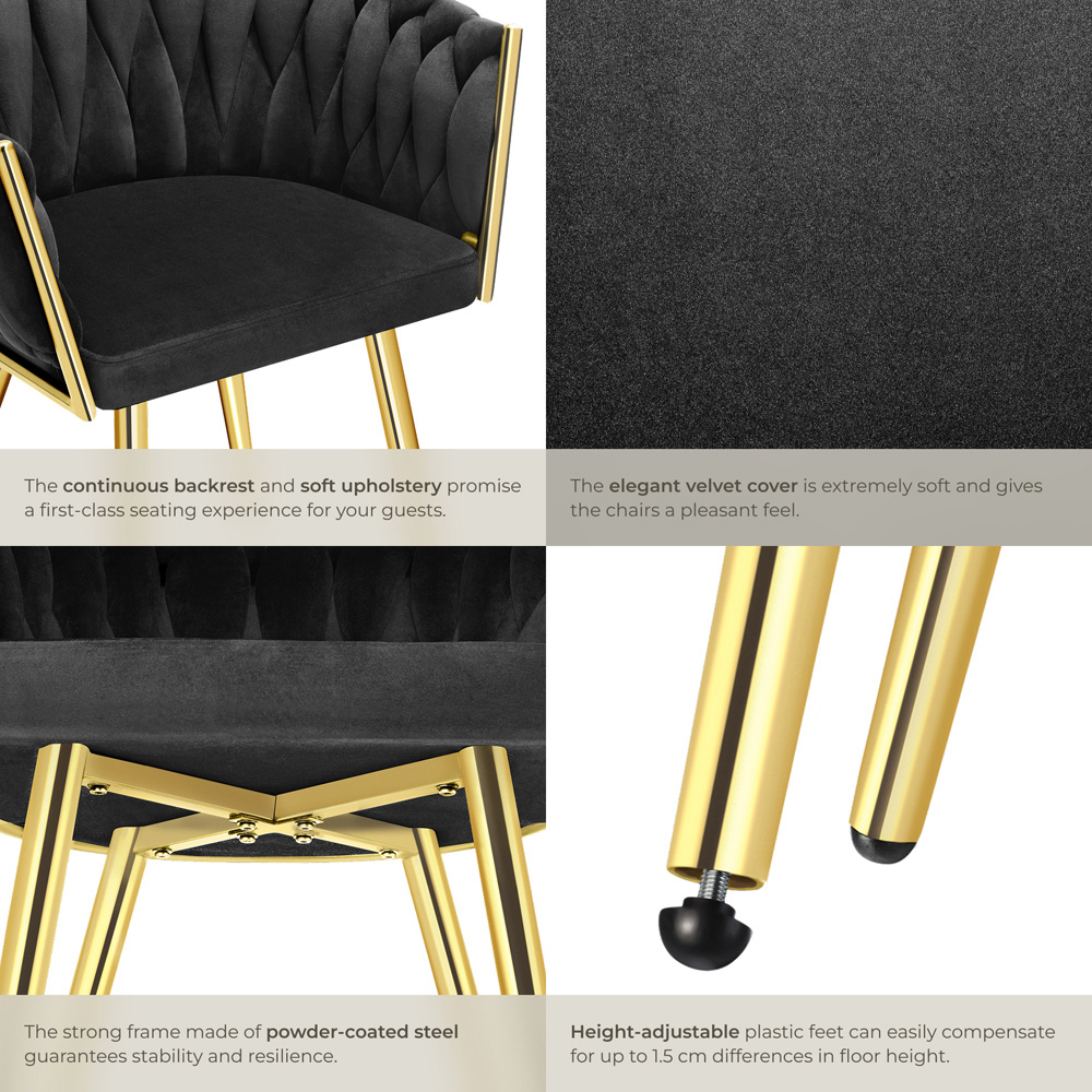 tectake Astano Set of 2 Black and Gold Velvet Padded Knot Design Dining Chair Image 6