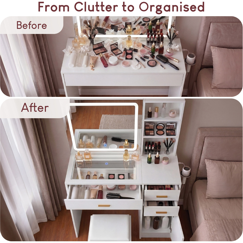 VIDA DESIGNS Clova Single Door 3 Drawer 2 Shelf White LED Dressing Table Set with Power Outlet Image 5