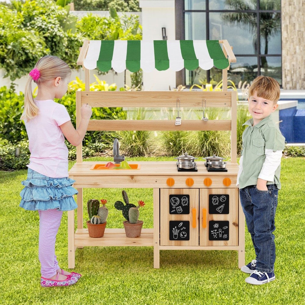 Costway Kids Natural Outdoor Wooden Kitchen Play Set with Canopy and 4 Stoves Image 2