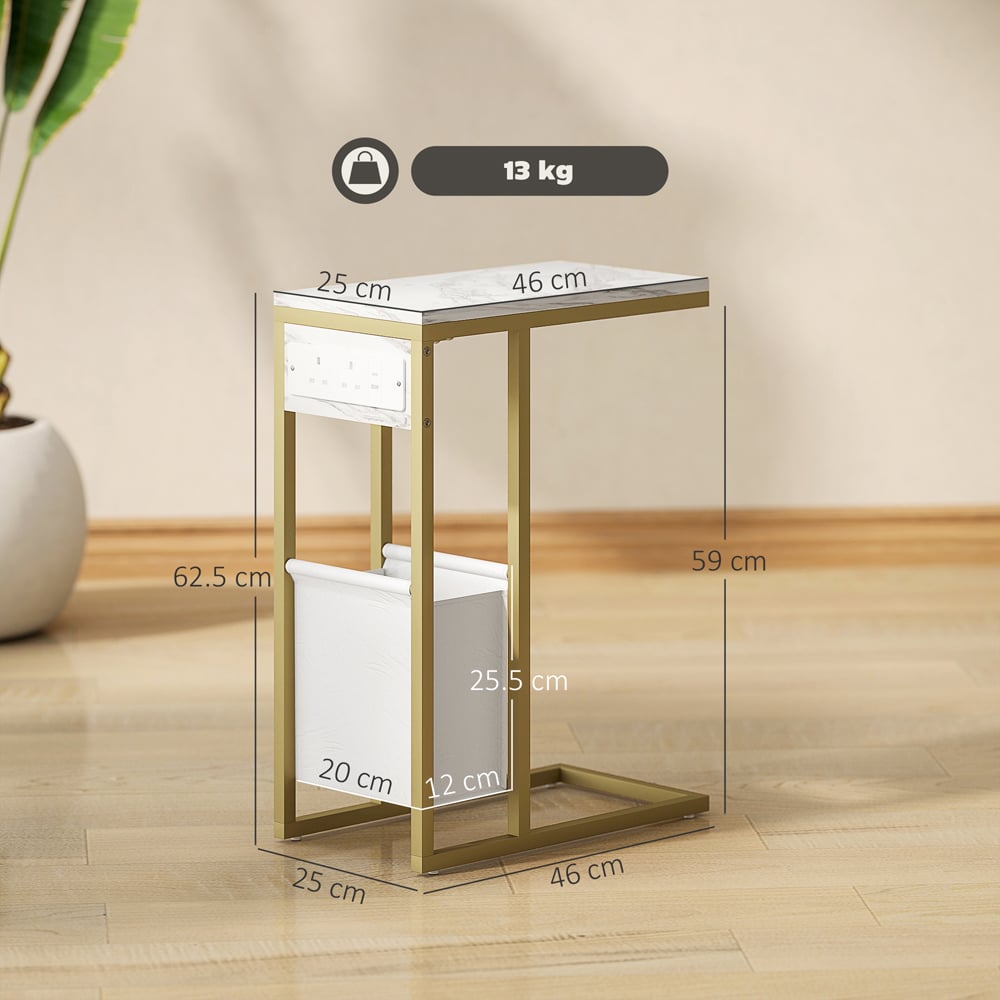 HOMCOM Faux Marble C-Shape Side Table with Charging Station and Storage Bag Image 9
