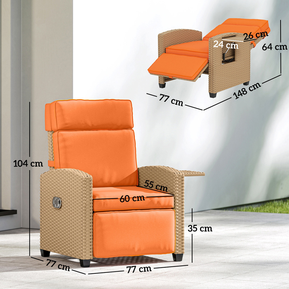 Outsunny Khaki and Orange Rattan Garden Recliner with Flip Table Image 8