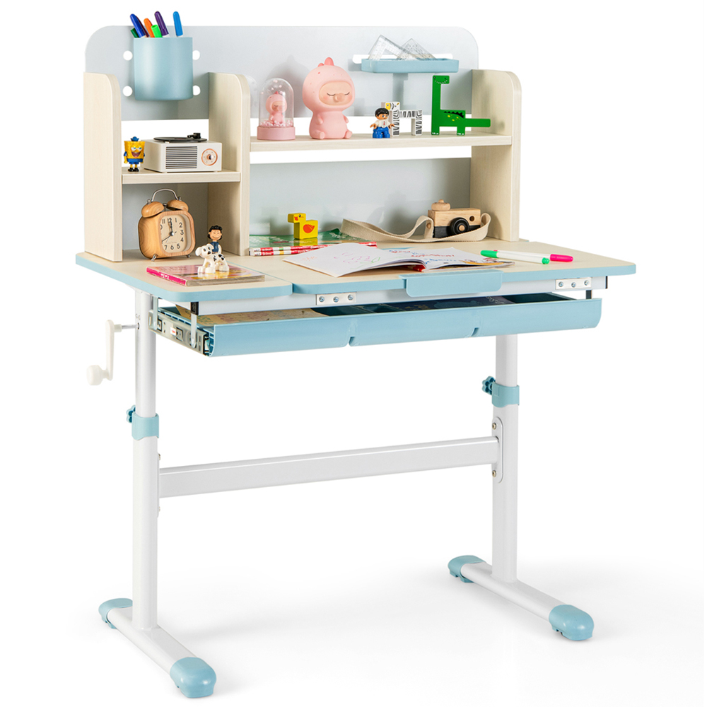 Costway Kids Single Drawer 4 Shelf Adjustable Tilted Desk Blue Image 2