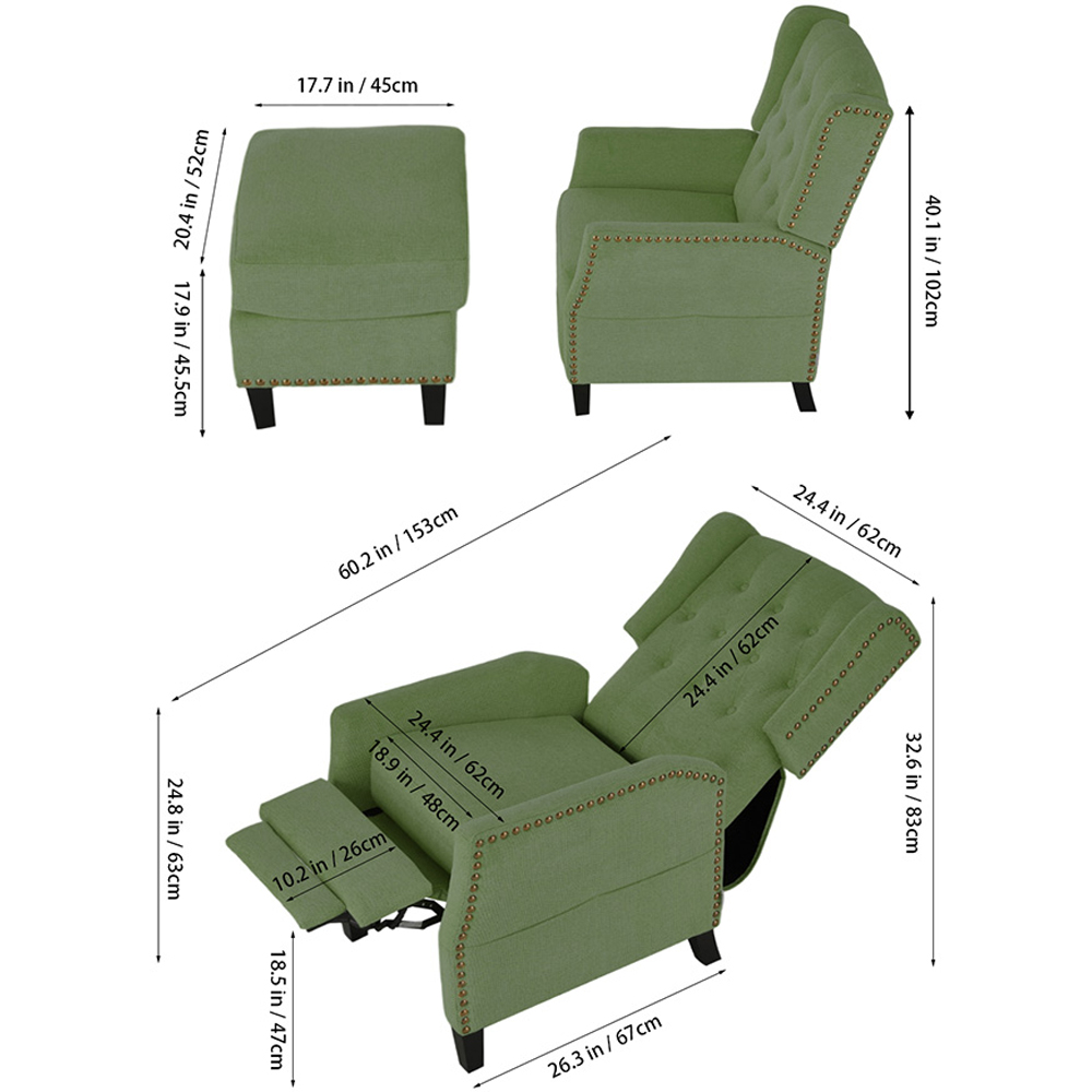 Living and Home Green Chenille Pushback Recliner Chair with Footstool Image 9