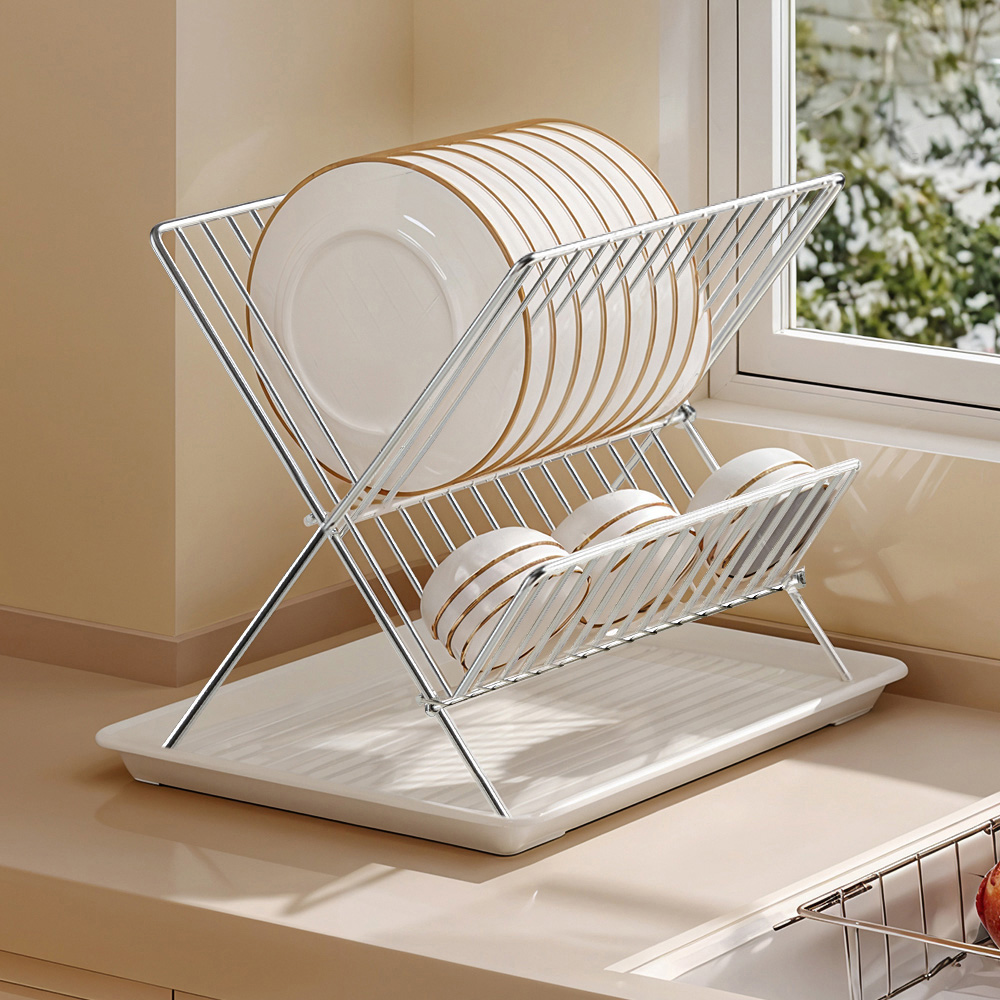 Living and Home 2 Tier Silver and White Foldable Dish Drying Rack with ...