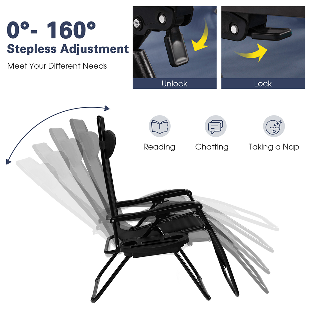 Costway Black Folding Patio Recliner with Removable Headrest and Cup Holder Image 4