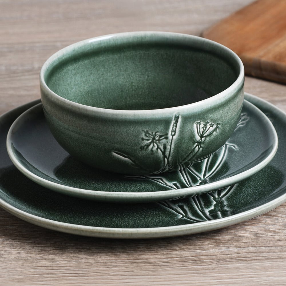 12 Piece Sage Embossed Decal Dinner Set - Green Image 4
