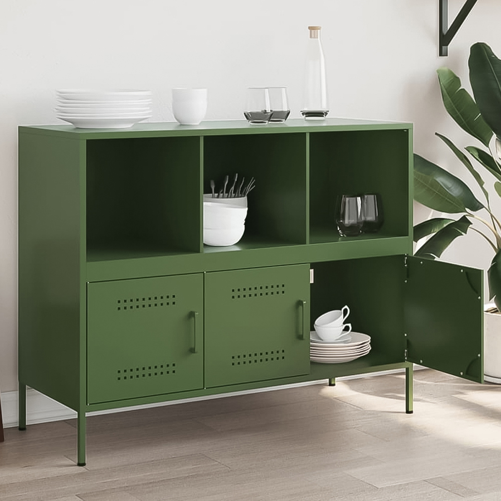 vidaXL 3 Door 3 Shelf Olive Green Steel Sideboard Image 1