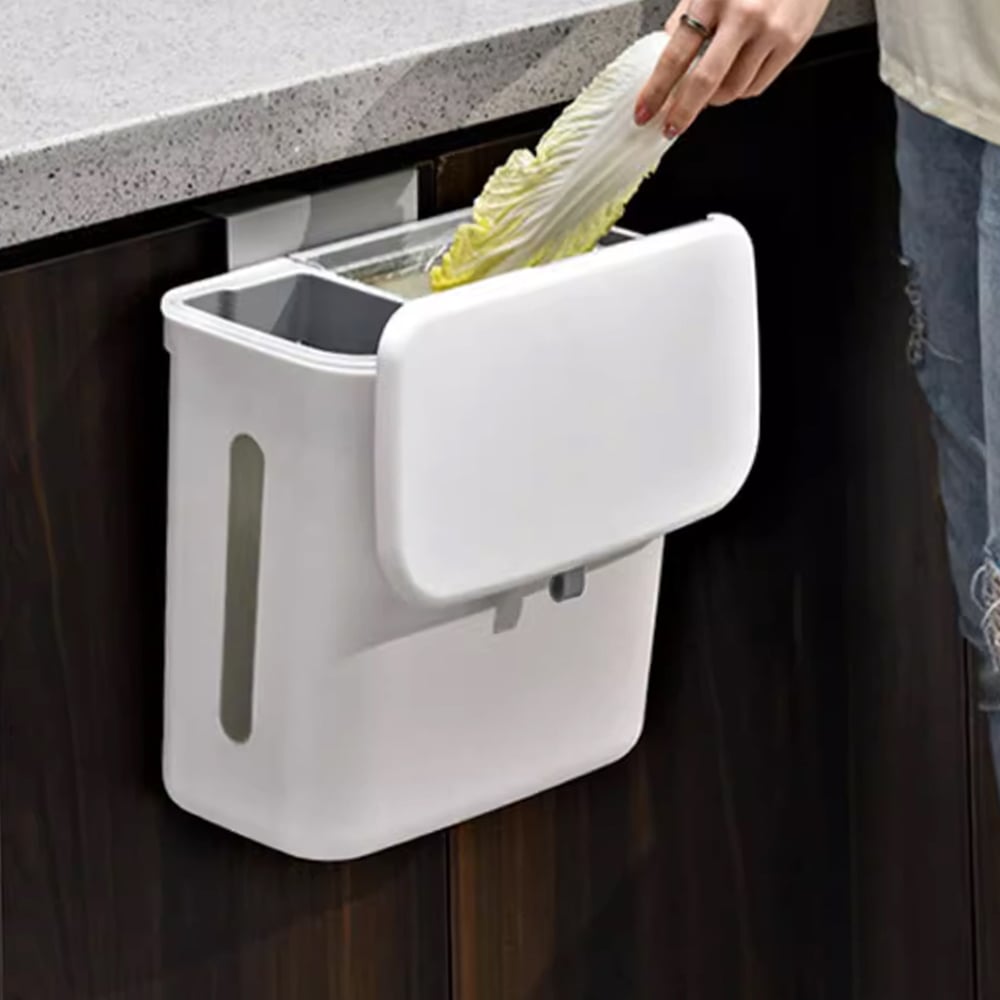 Living and Home White Wall Mounted Kitchen Trash Bin with Lid Image 2