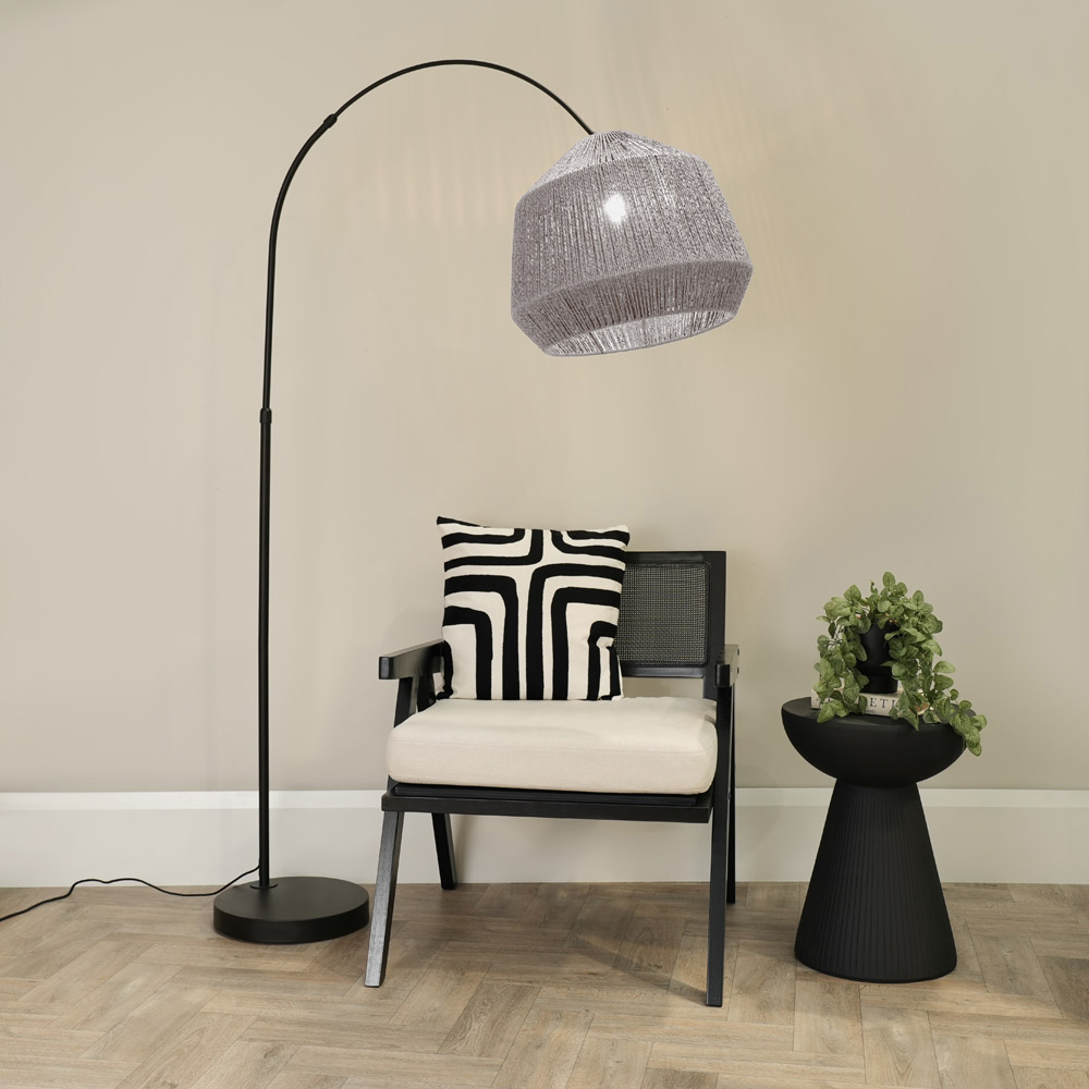 ValueLights Louis Grey Rope Dome Shade Black Curved LED Floor Lamp Image 2