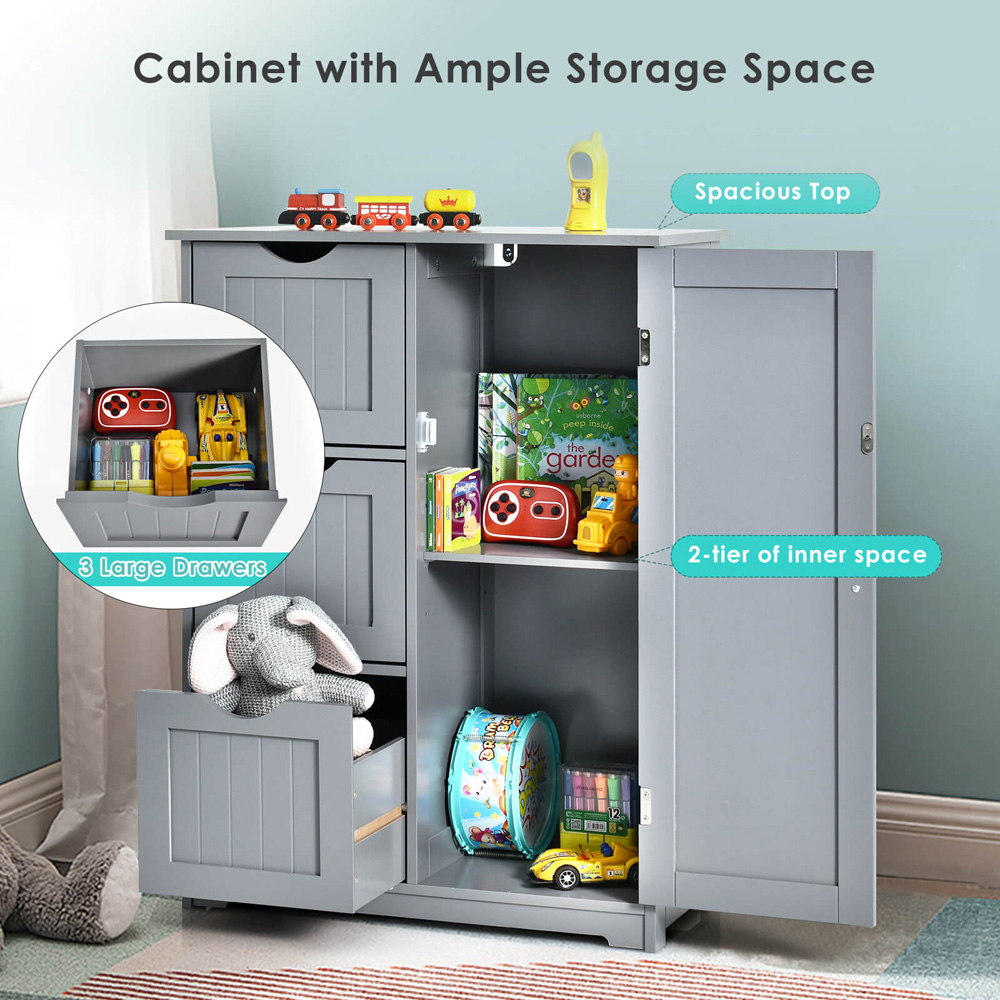 Costway Single Door 3 Drawer Grey Freestanding Bathroom Cabinet Image 7