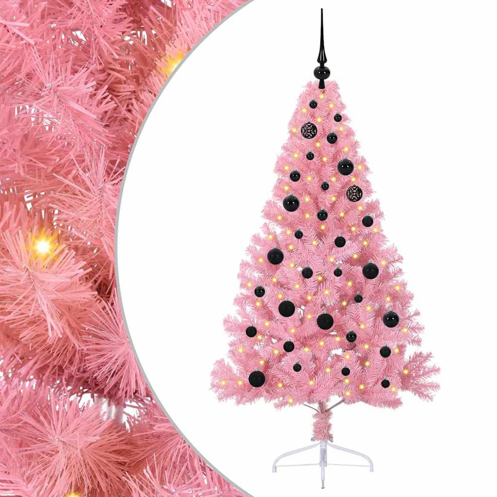 vidaXL Pre-Lit Black Baubles Pink Artificial Christmas Tree 5ft Image 2