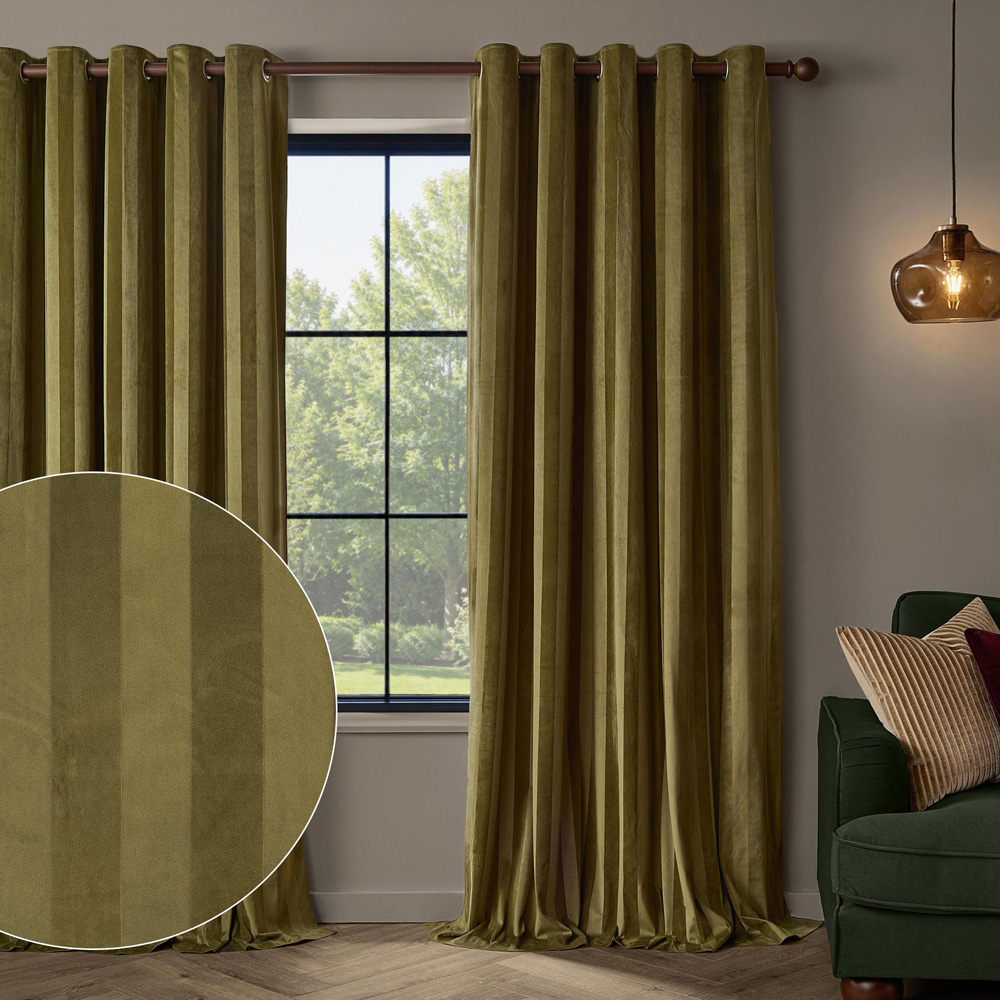 Paoletti Regency Olive Stripe Velvet Lined Eyelet Curtains 117 x 183cm Image 2