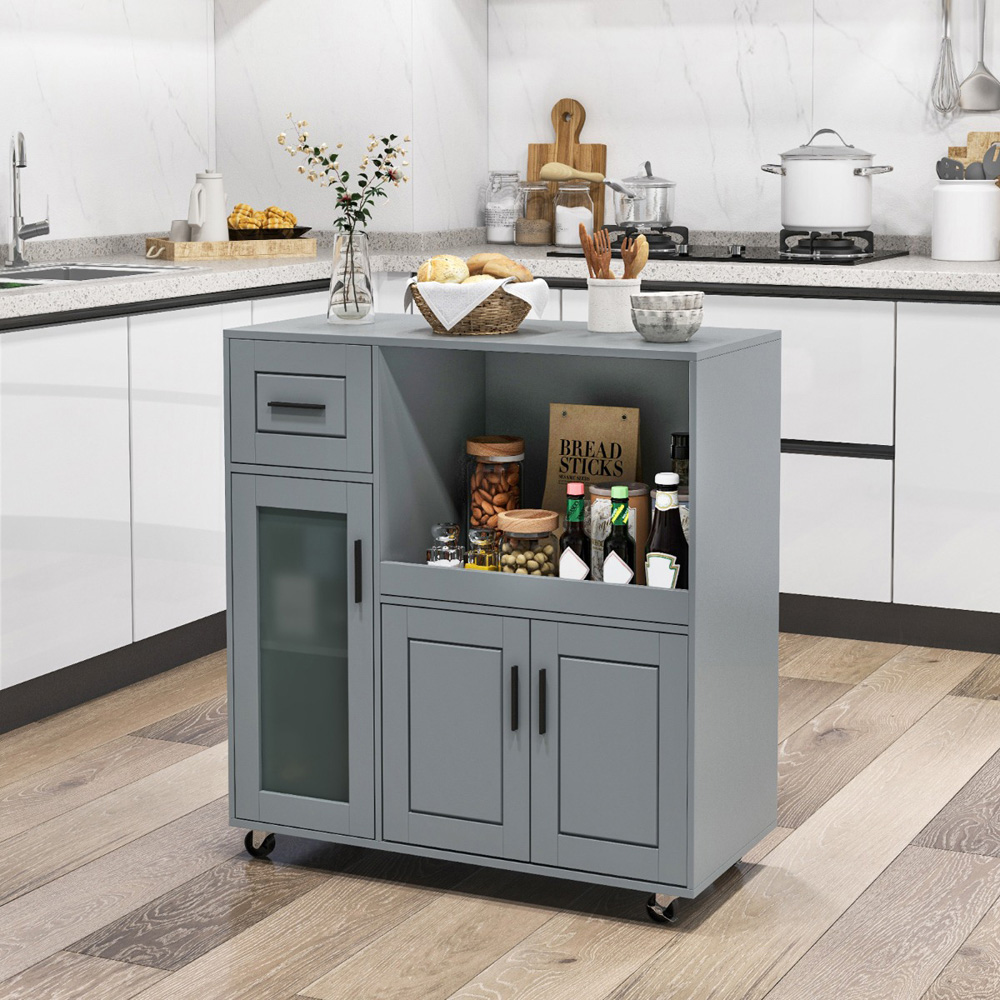 Costway 3 Door Single Drawer Single Shelf Grey Kitchen Island Trolley Image 4