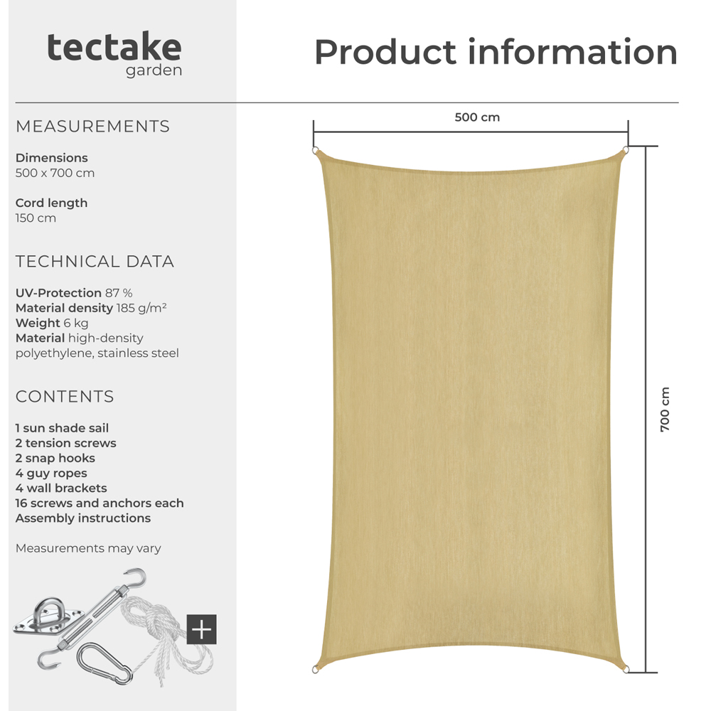 tectake Sonny Sand Water-Resistant Sun Shade Sail 500 x 700cm Image 8