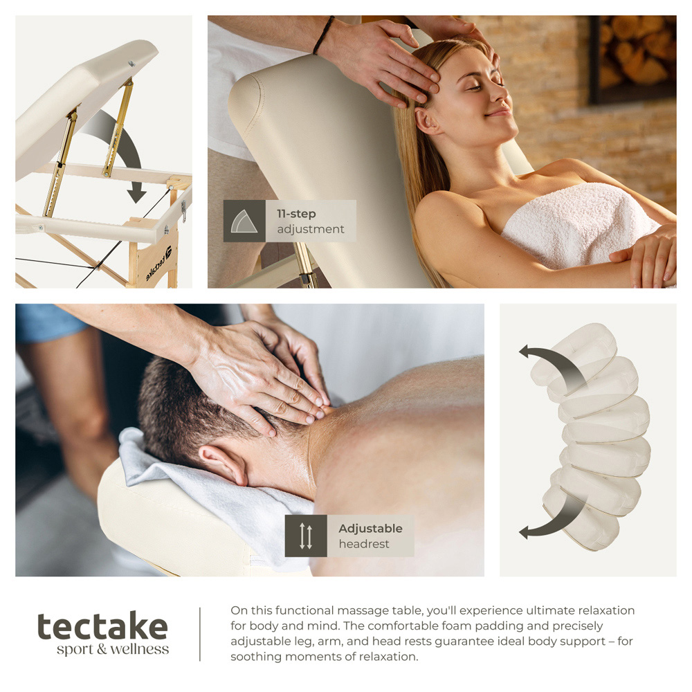 tectake Beige 3 Zone Somwang Massage Table with Headrest Armrests Footrest and Bolster Set Image 7