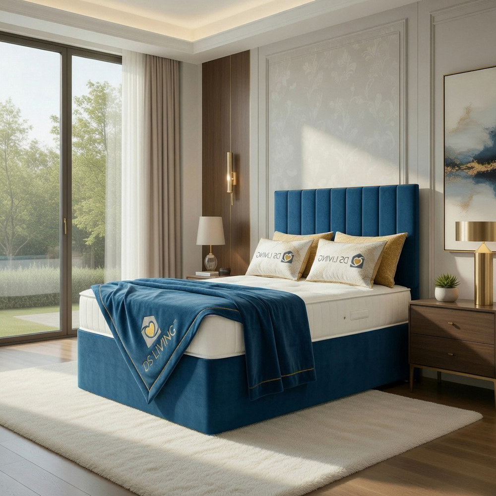 DS Living Aria Double Blue Plush Ottoman Bed Image 4