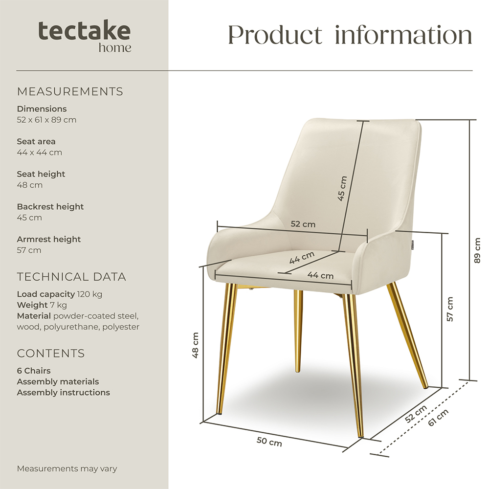 tectake Avane Set of 6 Beige Velvet High Backrest Dining Chair Image 9
