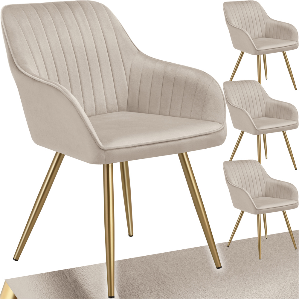 Tectake Marilyn Set of 4 Taupe and Gold Quilted Velvet Continuous Backrest Dining Chair Image 2