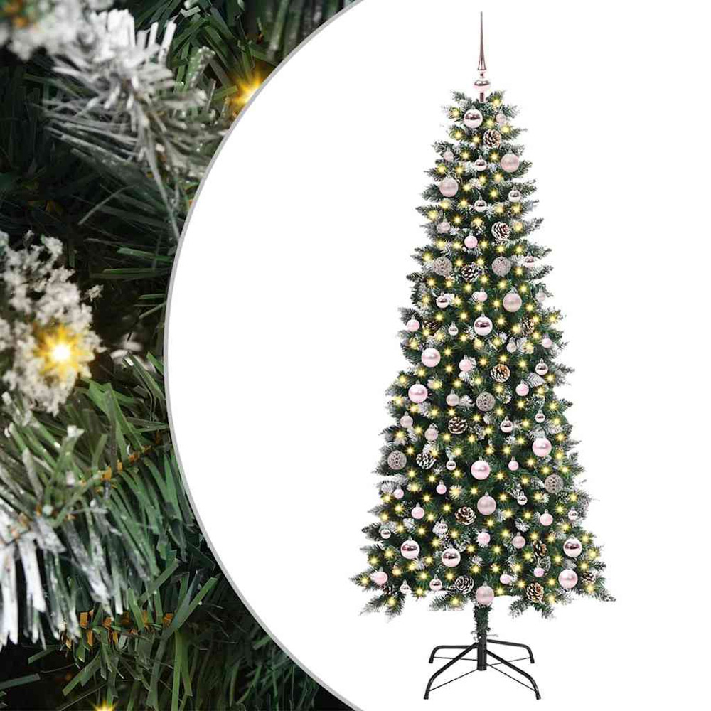 vidaXL Pre-Lit Pink Baubles Green Artificial Snow Tipped Christmas Tree 6ft Image 2