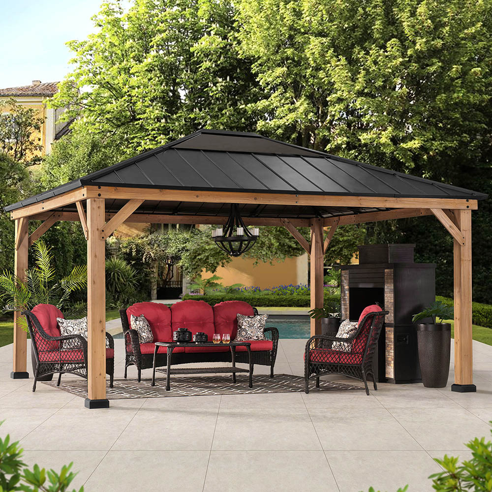 Sunjoy Ernir 3.93 x 4.52m Anthracite Cedar Wood Gazebo Image 1