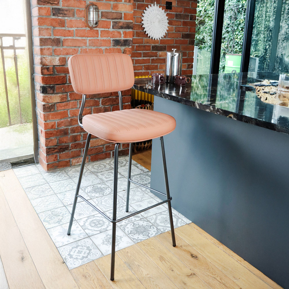 MMT Furniture Designs Tan PU Leather Steel Frame Retro Industrial Style Bar Stool Set of 2 Image 5