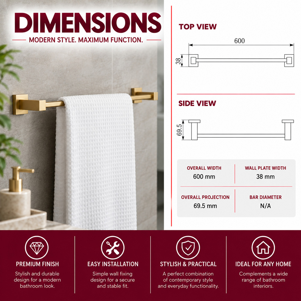 Go Bathrooms Froma Brushed Gold Wall Mounted Towel Rail 600mm Image 3