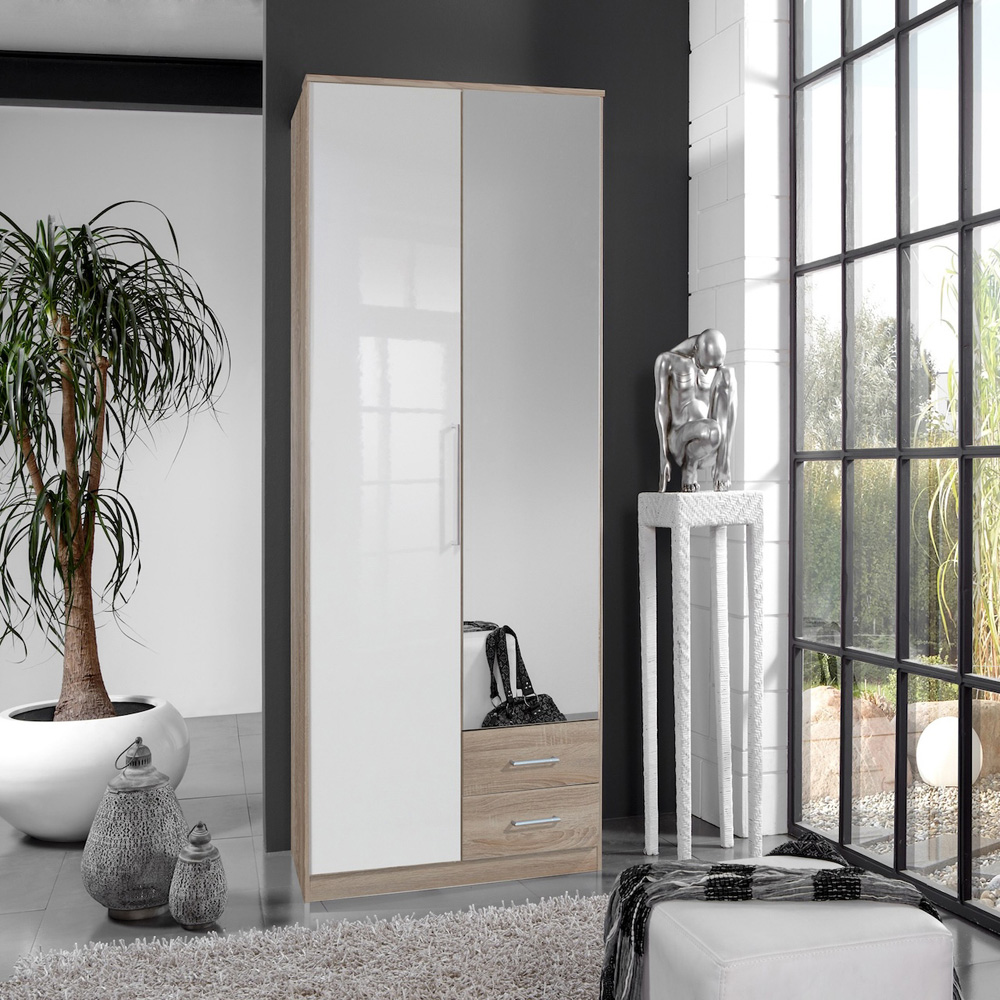TJ'S Omega 2 Door 2 Drawer Oak and White Gloss Wardrobe Image 4
