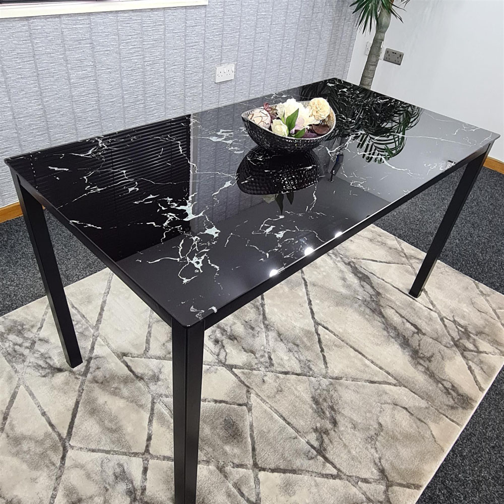 Portland 6 Seater Marble Effect Faux Leather Dining Set Black and White Image 2