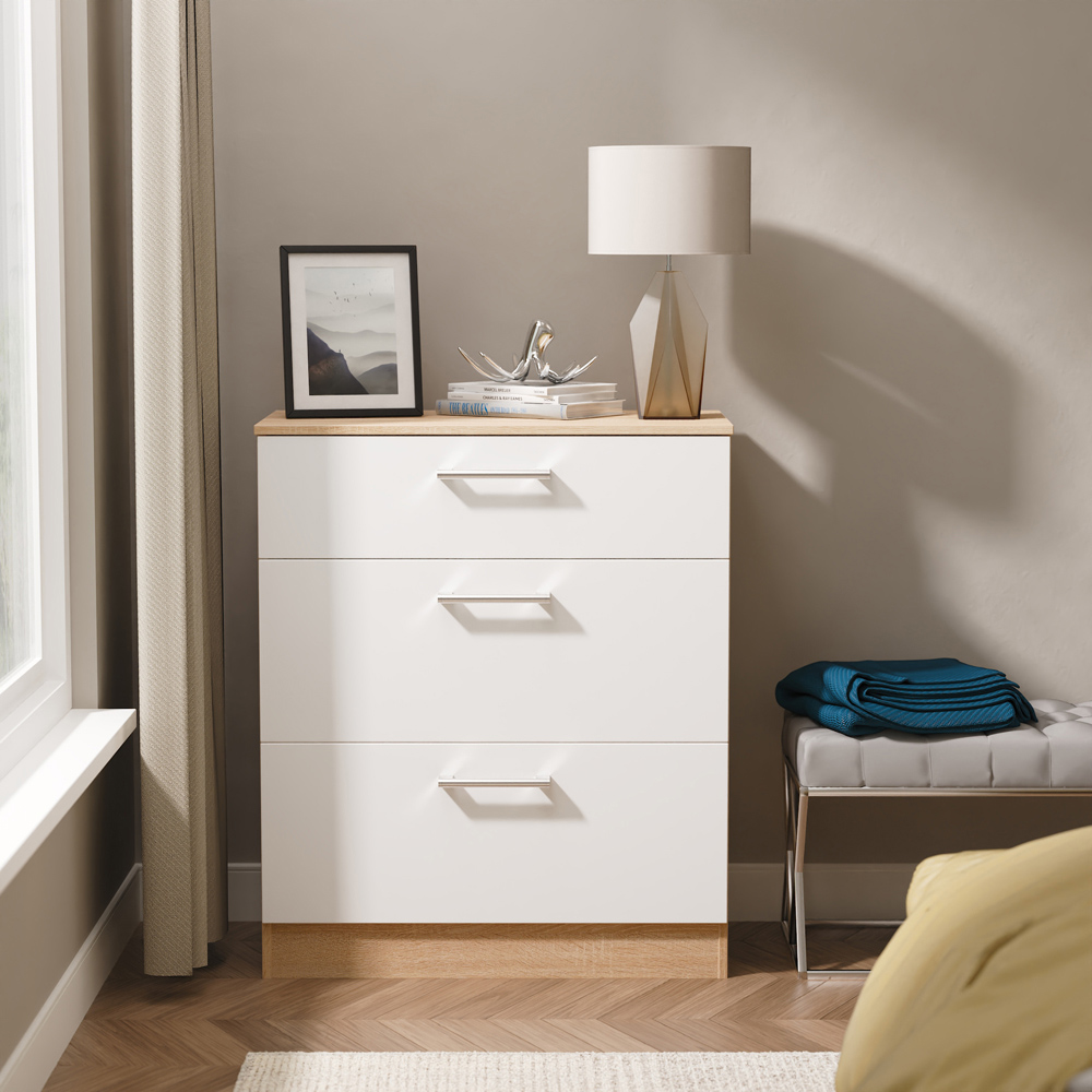 Crowndale Devon 3 Drawer White Matt and Bardolino Oak Deep Chest of Drawers Ready Assembled Image 7