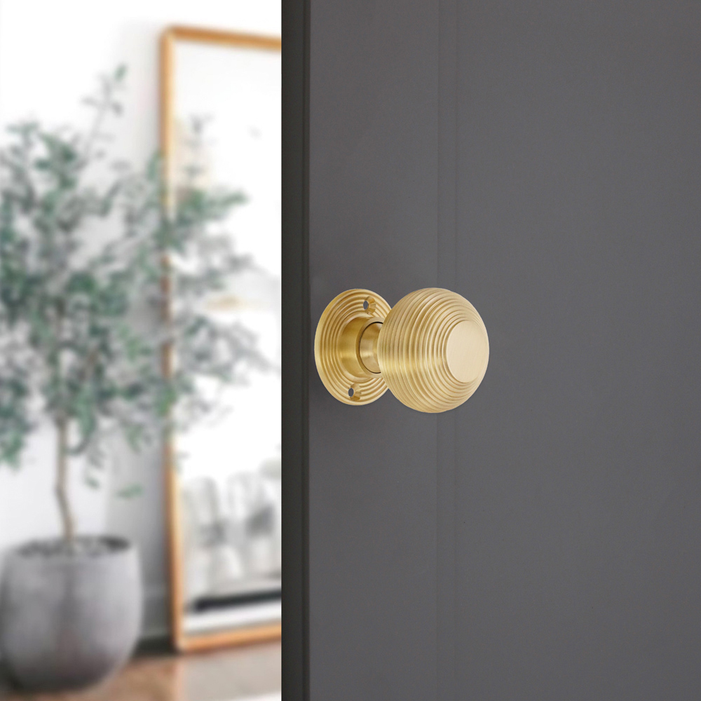 Spira Brass Satin Brass Beehive Small 50mm Rim and Mortice Door Knob 2 Pack Image 2