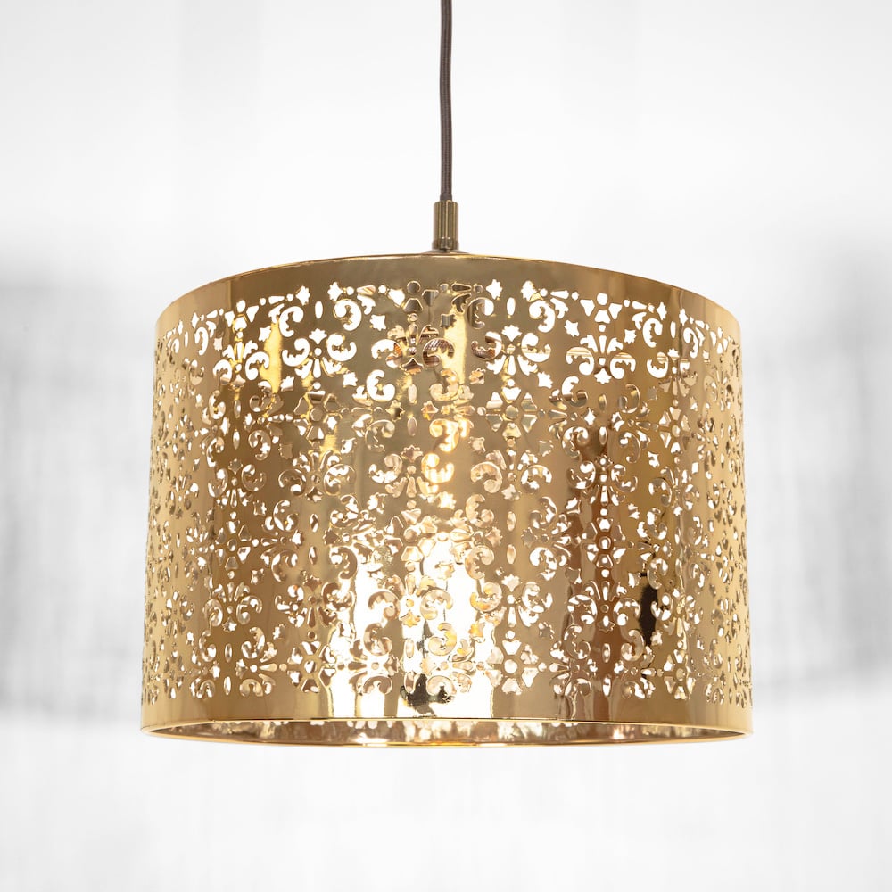 Happy Homewares Shiny Gold Metal Marrakech Pendant Shade with Floral Decoration Image 2