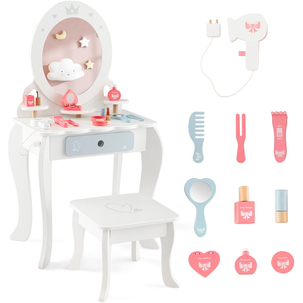 Costway Kids 3 Shelf White Vanity Dressing Table Set with Mirror Image 3