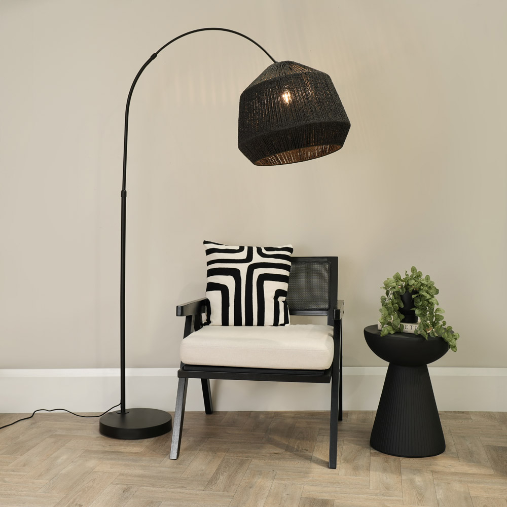ValueLights Louis Black Rope Dome Shade Black Curved LED Floor Lamp Image 2