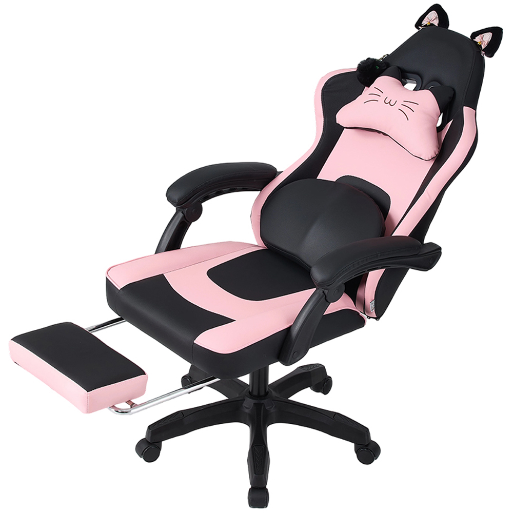 Living and Home Black and Pink Cat Ear Design Gaming Chair with Massage Lumbar Pillow Image 2