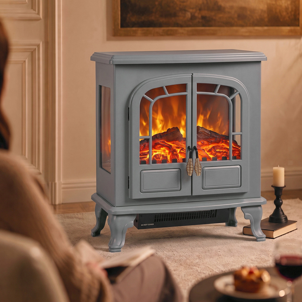 HOMCOM Grey Freestanding Electric Fireplace Stove with LED Fire Flame Effect Image 3