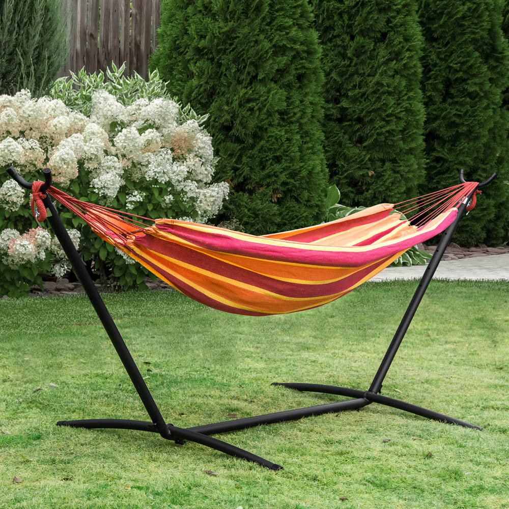 Outsunny Red Stripe Camping Hammock with Stand and Carry Bag Image 1