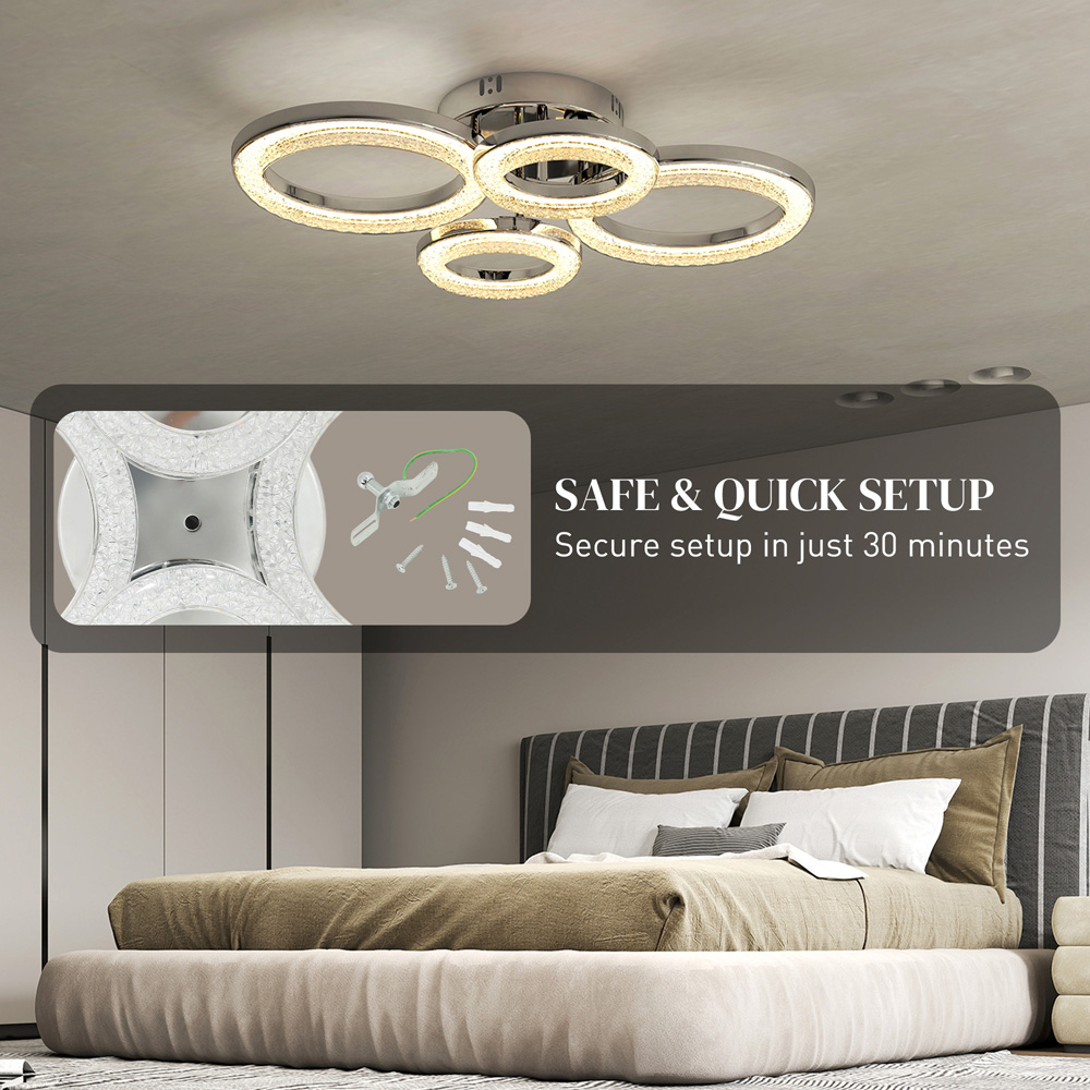 HOMCOM Modern Silver 4 Ring Flush Mount LED Ceiling Light Image 6