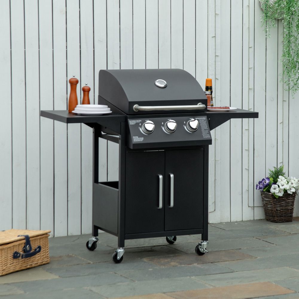 Outsunny Black 3 Burner Gas BBQ Grill with Side Shelves Image 2