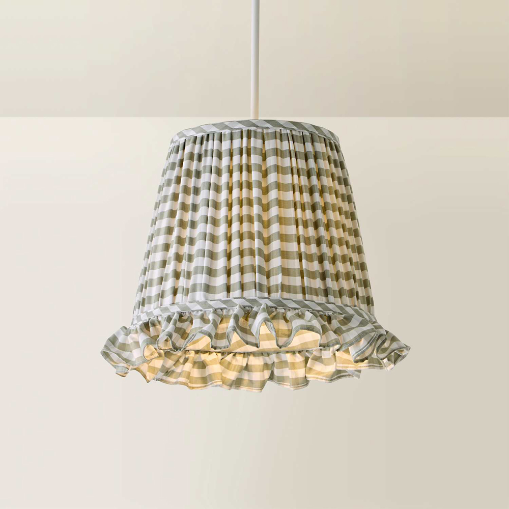 ValueLights Faye Green Check Tapered Ruffle Detail Trim Easy Fit Pendant Lamp Shade 40cm Image 3