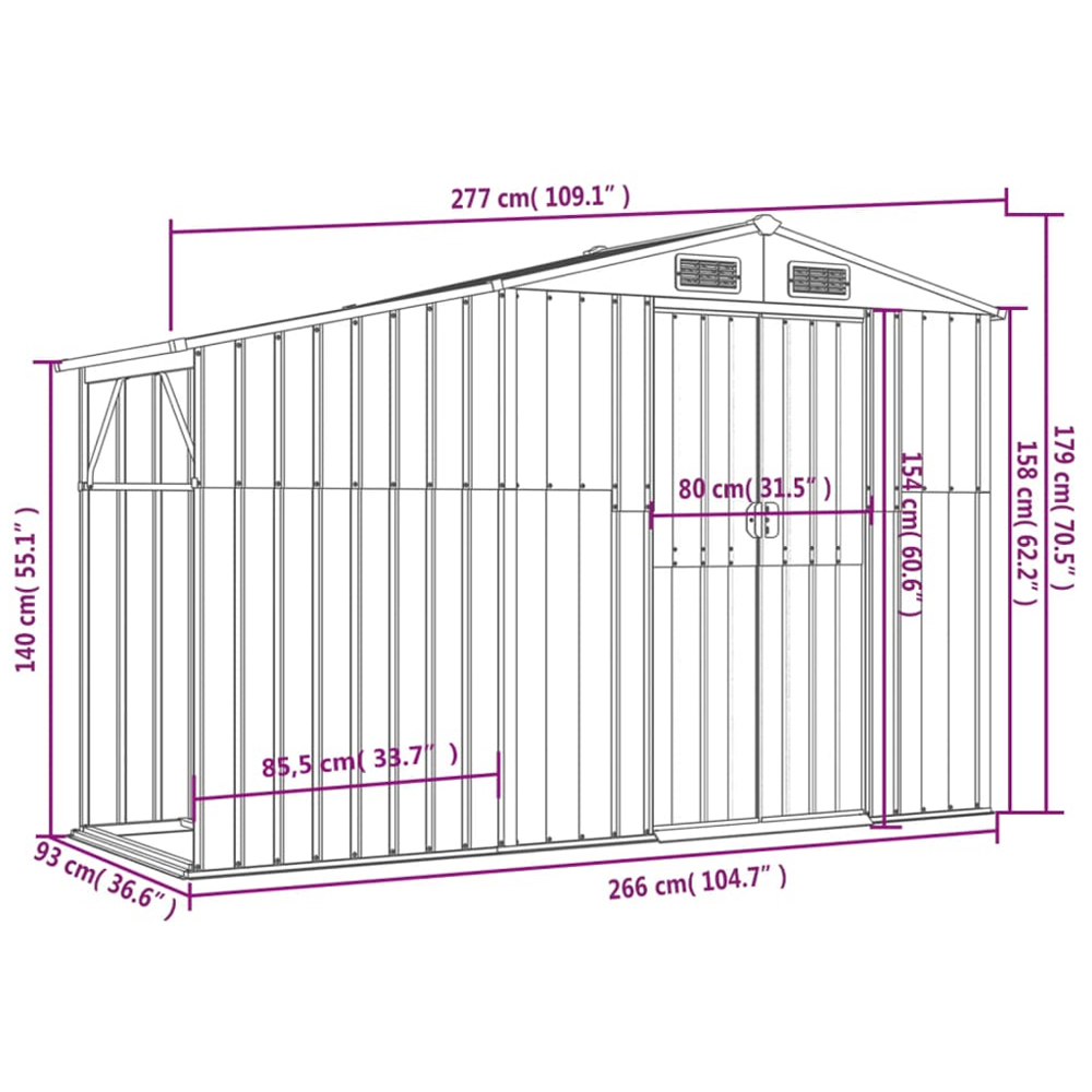 vidaXL 9 x 3.6ft Anthracite Galvanised Steel Apex Garden Shed with Firewood Stand Image 6