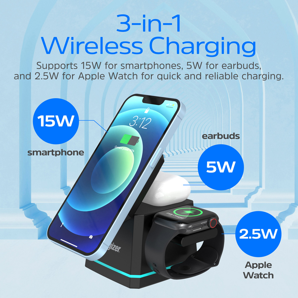 Energizer WCP307 3-in-1 Black QI Wireless Charging Dock 15W Image 5