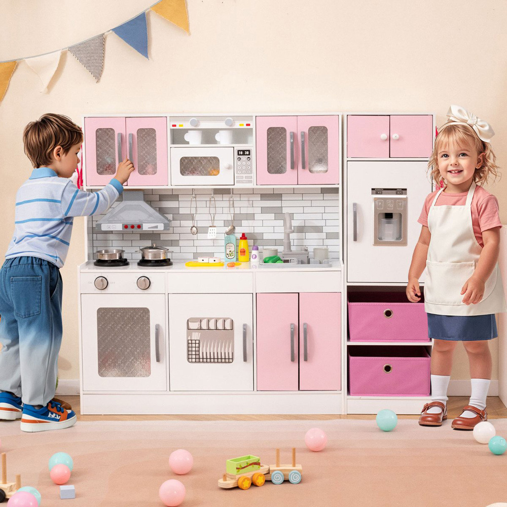 Costway Kids Pink Kitchen Play Set with Lights and Sounds Image 2