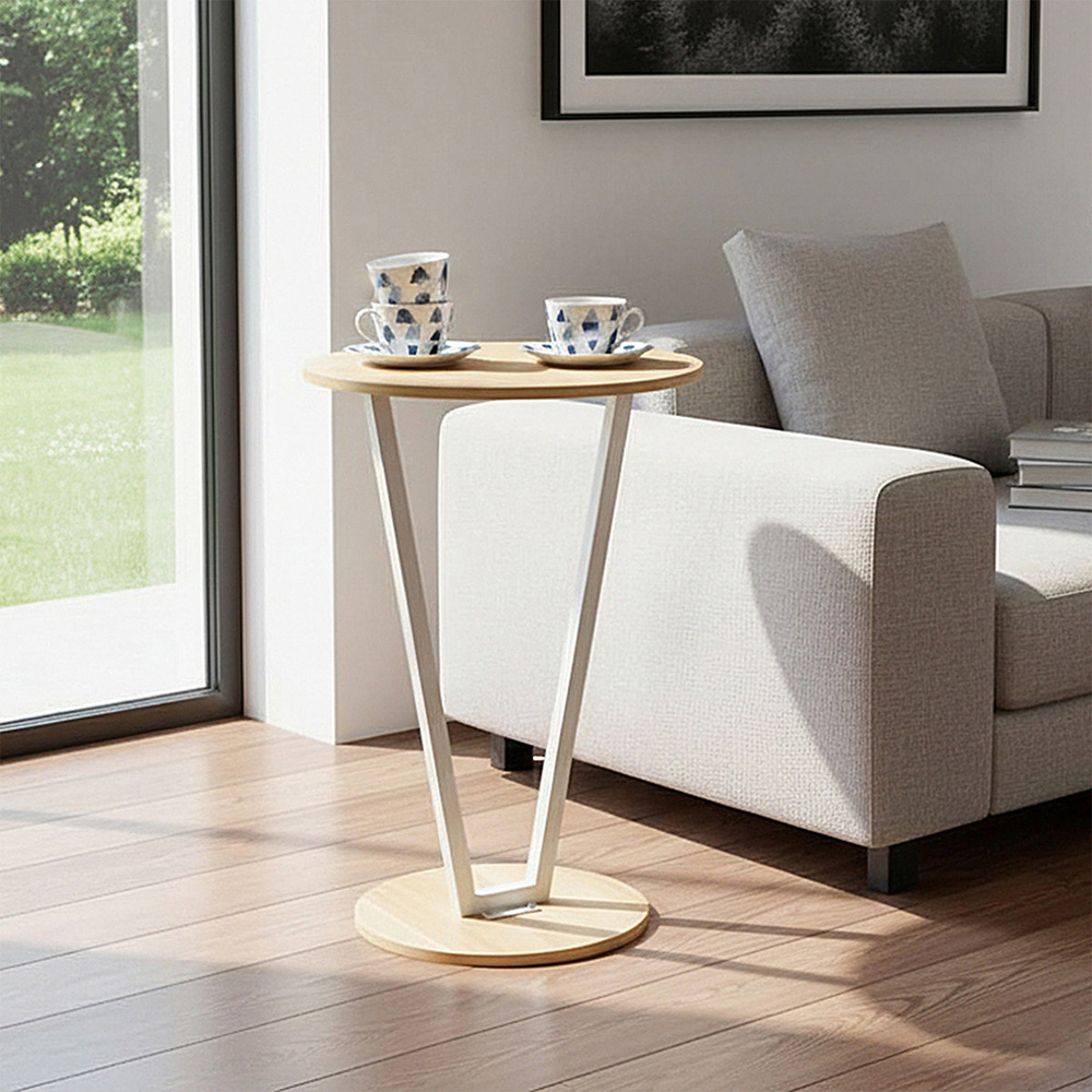 Living and Home Light Walnut Round Side Table with White Steel Frame Image 8