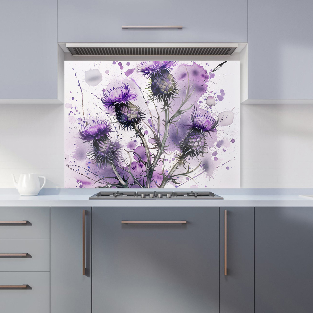 Warren Reed Designer Vibrant Scottish Thistle Art Glass Kitchen Splashback 65 x 90cm Image 1